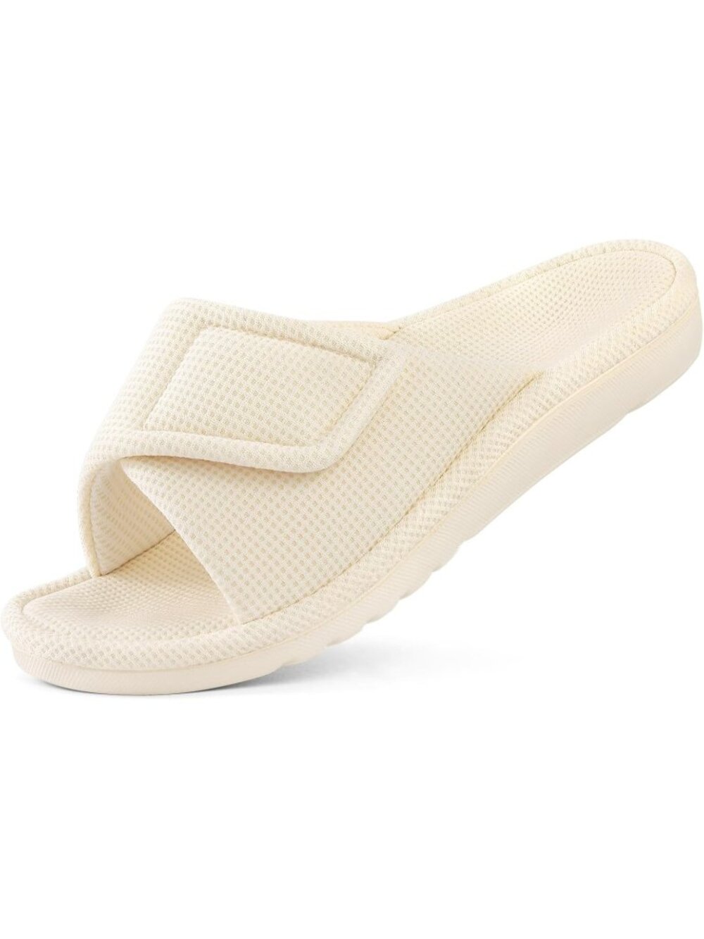 Women's Beige Summer Open Toe Waffle Comfortable Adjustable Strap Flat Slippers